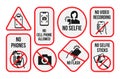 No photo camera phone selfie video recording forbidden sign crossed out red frame set line vector