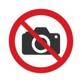 No photo camera vector sign icon isolated on white background. Digital photo camera symbol. Red prohibition sign. Royalty Free Stock Photo