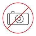 No photo thin line icon, prohibited and ban, no camera sign, vector graphics, a linear pattern on a white background. Royalty Free Stock Photo