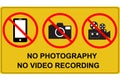 No photography and no video recording signboard. flat style. prohibition no camera, no mobile phone and no video recording Royalty Free Stock Photo