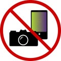 Photography, video and pictures prohibited and forbidden. Camera and cellphone NO red circle with slash w transparent background