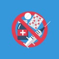 No pills red sign. Medicines, tablets, syringe. Royalty Free Stock Photo