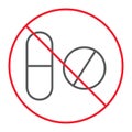 No pills thin line icon, prohibition and forbidden