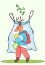 No plastic bags concept. Save world, protect animals. Cartoon deer protect environment illustration