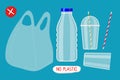 No plastic. Various plastic products, bottle, plastic cup, bag, straw. Environmentally responsible behavior