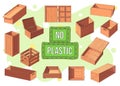 No plastic. Wooden box isometric vector set icon. Pallets fruits and vegetables transportation containers