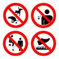 No pooping and peeing people and pets, do not walk on lawns, no spitting sign. Collection of symbols. Vector illustration isolated Royalty Free Stock Photo