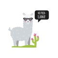 No prob-llama. Cute lame with speech bubble, sunglasses and cactus. Isolated. Vector