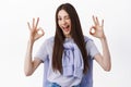 No problem, excellent. Brunette girl winking and showing okay gesture, OK sign, like and approve, assure everything good Royalty Free Stock Photo