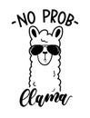No probllama card isolated on white background. Simple white llama with sunglasses and lettering. Motivational poster for