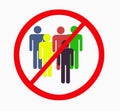 No public gatherings sign, Prohibition sign with people silhouettes of different colors.