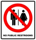 No public restrooms symbol. Do not pooping and peeing people sign. No WC. Warning red banner for outdoors and forests