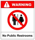 No public restrooms symbol. Do not pooping and peeing people sign. No WC. Warning red banner for outdoors and forests