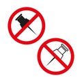 No pushpins allowed. Office pin prohibition signs Vector. Stationery usage banned.