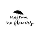 No rain, no flowers. Inspirational saying about bad weather, modern calligraphy with umbrella illustration. Royalty Free Stock Photo