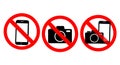 No recording or taking pictures sign. Signs prohibiting the use of cameras or phones. illustration