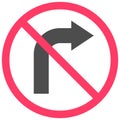 No right turn icon, prohibition sign vector illustration