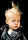 No rock music, no life. Little child boy in rocker jacket. Rock style child. Rock and roll fashion trend. Adorable small Royalty Free Stock Photo