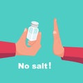 No salt. Human gesture hand refuses to salty. Salt free