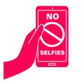 No selfies prohibition sign. No photo allowed poster design. Isolated vector icon with hand holding gadget. Royalty Free Stock Photo