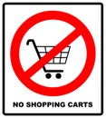 No shopping cart sign, vector illustration. Prohibition symbol in red circle isolated on white. Warning banner for
