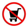 No shopping cart sign, vector illustration. Prohibition symbol in red circle isolated on white. Warning banner for public places