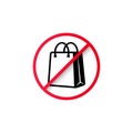 No shopping or no paper shopping bag. Prohibition sign. Stop shopping icon. Banning shopping. Vector EPS 10. Isolated on white