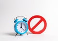 No sign and blue clock on a white background. Unavailability at certain hours. Temporary restrictions and prohibitions
