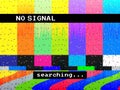 No signal glitch TV. Distorted color lines. Digital glitch distortion. Screen with color bars and noise. Vector