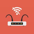 No signal Wifi router flat design vector illustration. Isolated broken or non-working wireless equipment on orange background