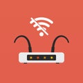 No signal Wifi router flat design vector illustration. Isolated broken or non-working wireless equipment on orange background