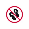 No slipper prohibited sign, no flip-flops forbidden modern round sticker, vector illustration