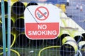 No smoking construction safety sign and yellow gas pipe for external works explosion risk