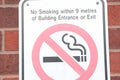 no smoking within 9 metres of building entrance or exit writing caption text. ph
