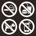 No smoking, No food or drink, No dogs and No cell phone prohibited signs Royalty Free Stock Photo