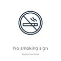 No smoking sign icon. Thin linear no smoking sign outline icon isolated on white background from airport terminal collection. Line Royalty Free Stock Photo