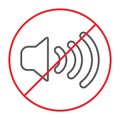 No sound thin line icon, prohibited and silence, no noise sign, vector graphics, a linear pattern on a white background.