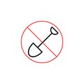 No spade forbidden sign and icon. Isolated vector illustration in line style. Simple slanted symbol with crossed out shovel.