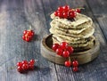 No sugar berry crackers made of whole grain flour, sweetener and fresh berries, healthy snack. Red currant cookies, copy space.