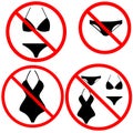 No swim wear icon on white background. Nude Beach Summer Set. Forbidden sign with bikini sign. flat style Royalty Free Stock Photo