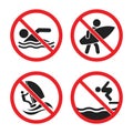 No swimming and no surfing sign set, no swimming allowed warning icons