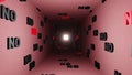 No symbol or nope marks in red tunnel background 3d render. Say no or dont like pattern. Negation views