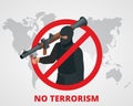 No terrorism. Stop terror sign anti terrorism campaign badge on world map. Flat 3d illustration.