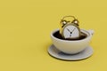no time for coffee. alarm clock in a cup of coffee on a yellow background. copy paste, copy space. 3D render