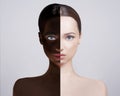 No to racism, the concept of sameness. The girlÃ¢â¬â¢s face is divided into 2, Caucasian-looking girl and African-American in one