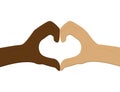 No to racism. Heart shape with hands. Friendship beetwen people. Stop discrimination. Black and white skin. Hands of love.