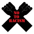 No to racism. Quote, text message. Poster, banner, flyer with raised up crossed arms and fists.