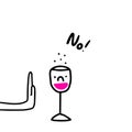 No to wine hand drawn vector illustration in cartoon style sad glass of drink and arm