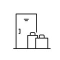 No touch delivery. Line art icon of front door and shopping bag. Black illustration of online buying food, things with courier