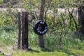 No Trespassing tire sign on barb wire fence Royalty Free Stock Photo